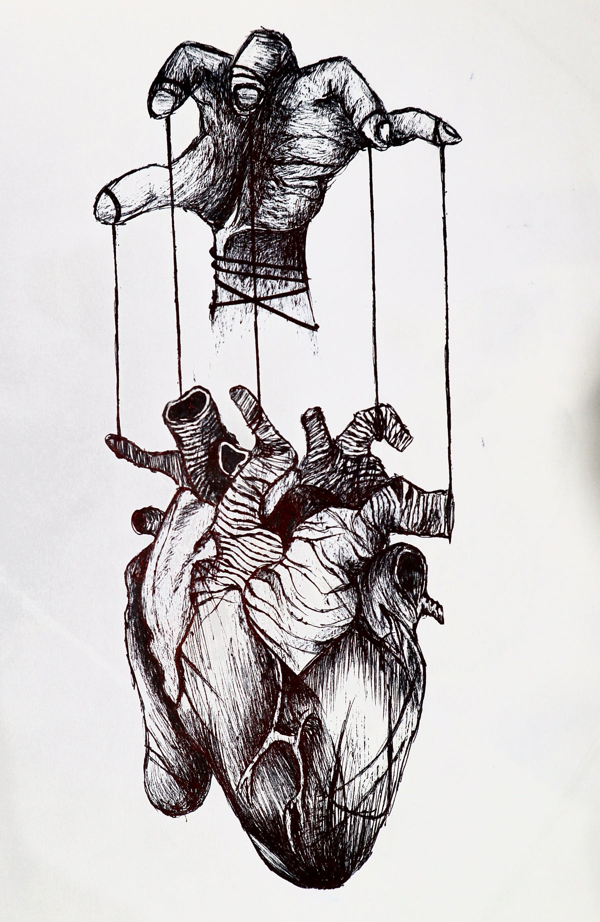 Original pen drawing on A4 paper — hand controlling anatomical heart on strings like a puppet