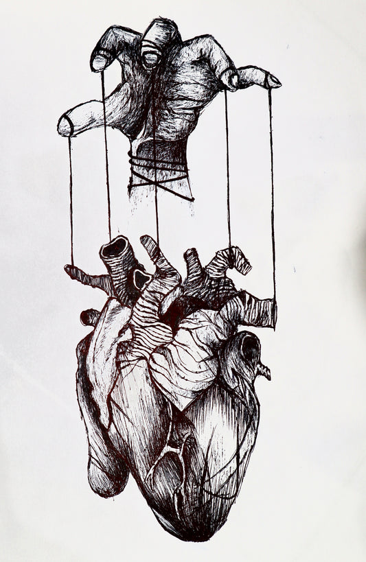 Original pen drawing on A4 paper — hand controlling anatomical heart on strings like a puppet