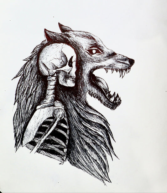Black line drawing in an open sketchbook showing two shaggy wolf-like figures with skeletal faces facing each other
