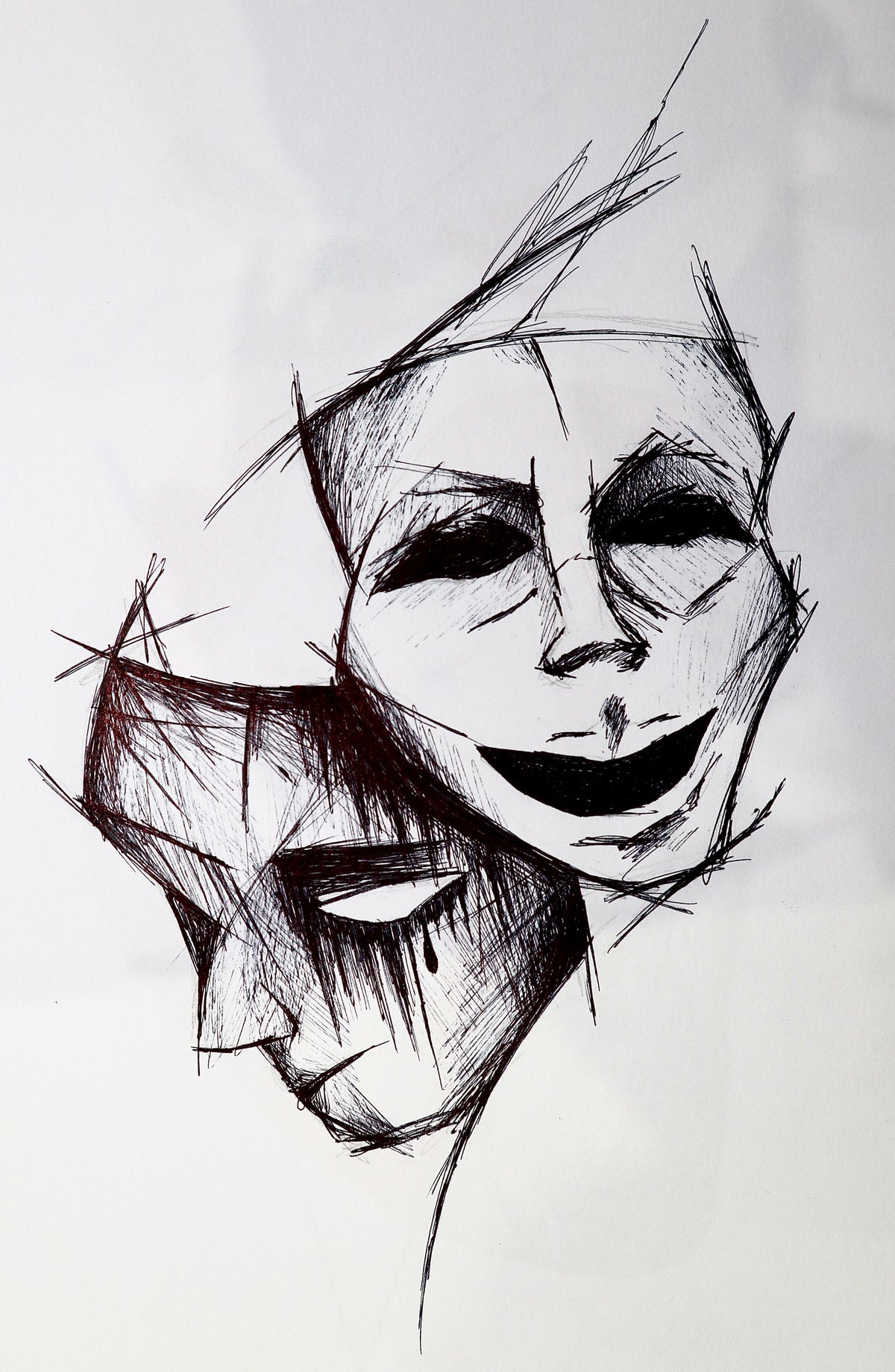 Expressive black sketchbook drawing of a smiling face above an angular, shadowed mask-like form