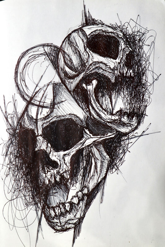 Expressive black line sketch of a skull on white sketchbook paper, built from dense crosshatching and loose marks