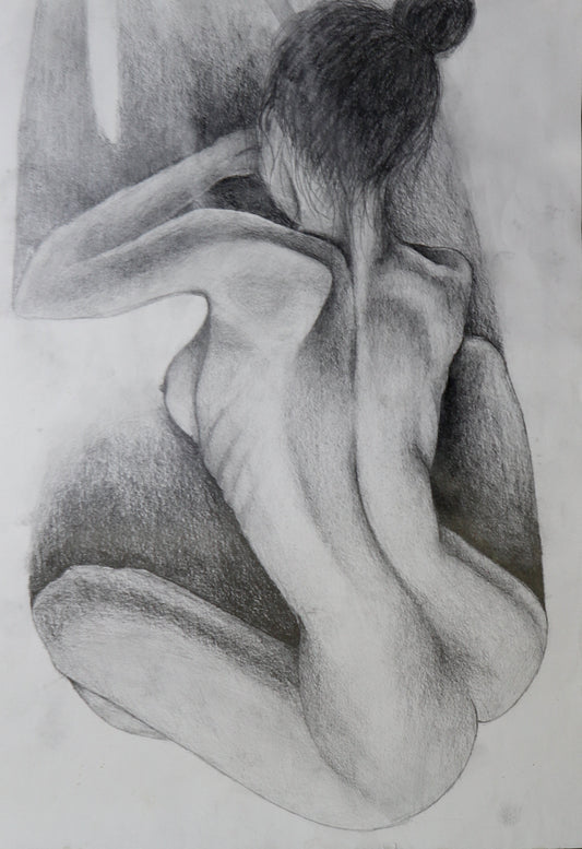 Original pencil drawing on A3 paper — aerial view of seated figure, spine and shoulders