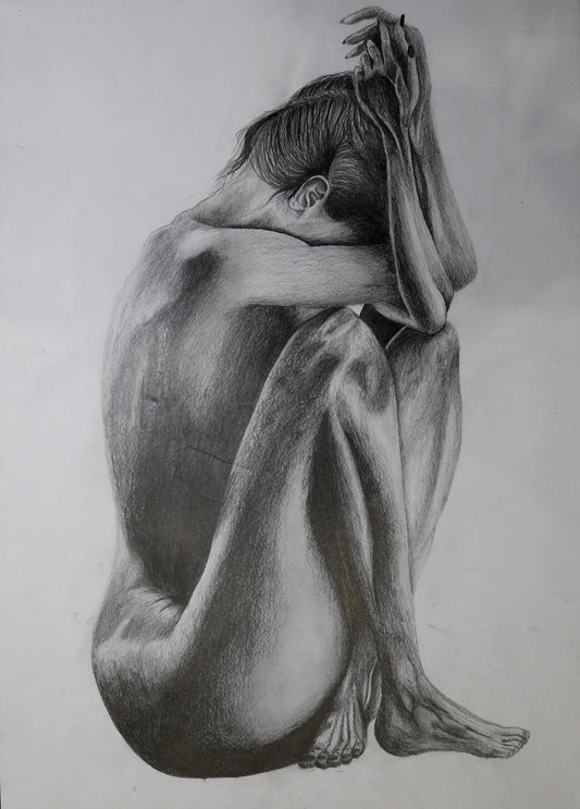 Original pencil drawing on A3 paper — seated figure, head bowed, pencil on paper