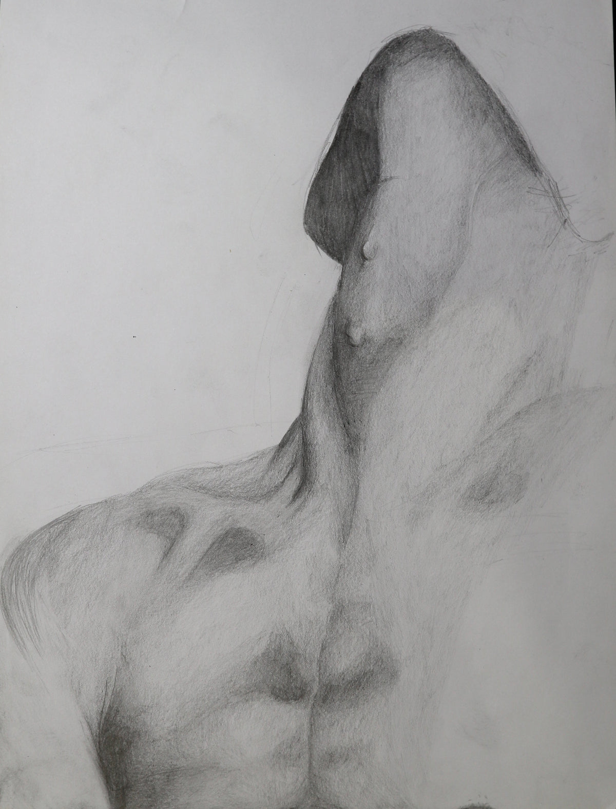 Original pencil drawing on A3 paper — figure with head tilted back, neck and chest study