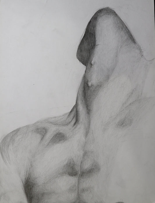Original pencil drawing on A3 paper — figure with head tilted back, neck and chest study