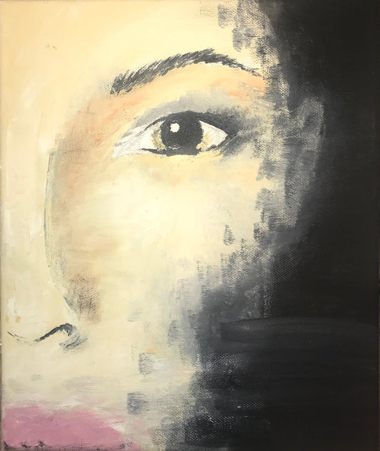 20 × 30 cm oil painting on canvas of a close-up face with one eye emerging from shadow