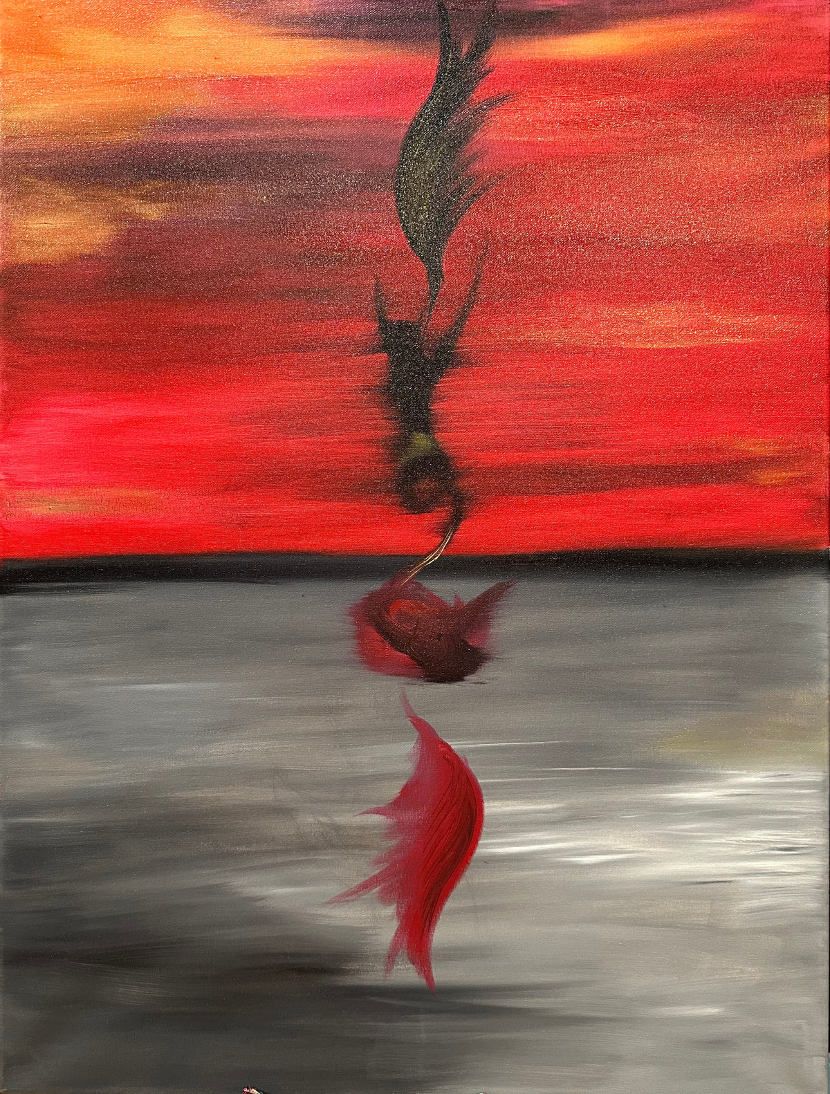 Original oil painting on canvas showing a dark figure against a vivid red-orange horizon, 70 by 90 cm