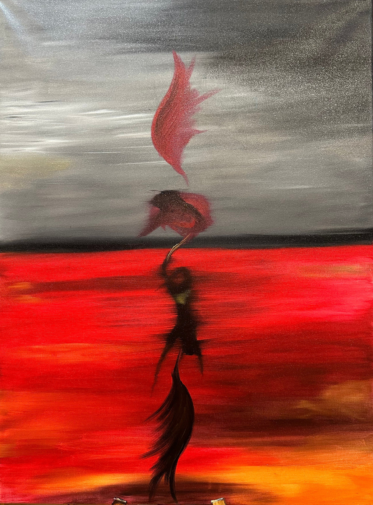 Reverse side of the original double-sided oil painting, with a red figure against a grey background, 70 by 90 cm