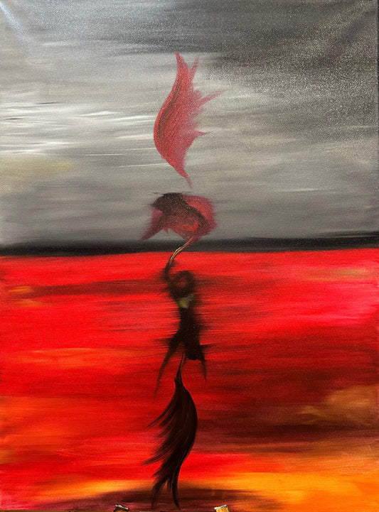Reverse side of the original double-sided oil painting, with a red figure against a grey background, 70 by 90 cm