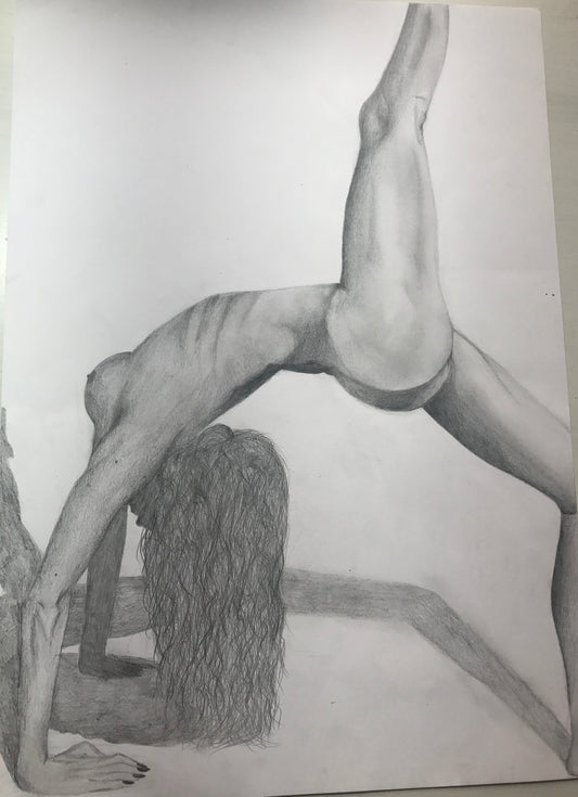 Monochrome figurative artwork showing a long-haired figure in an inverted pose